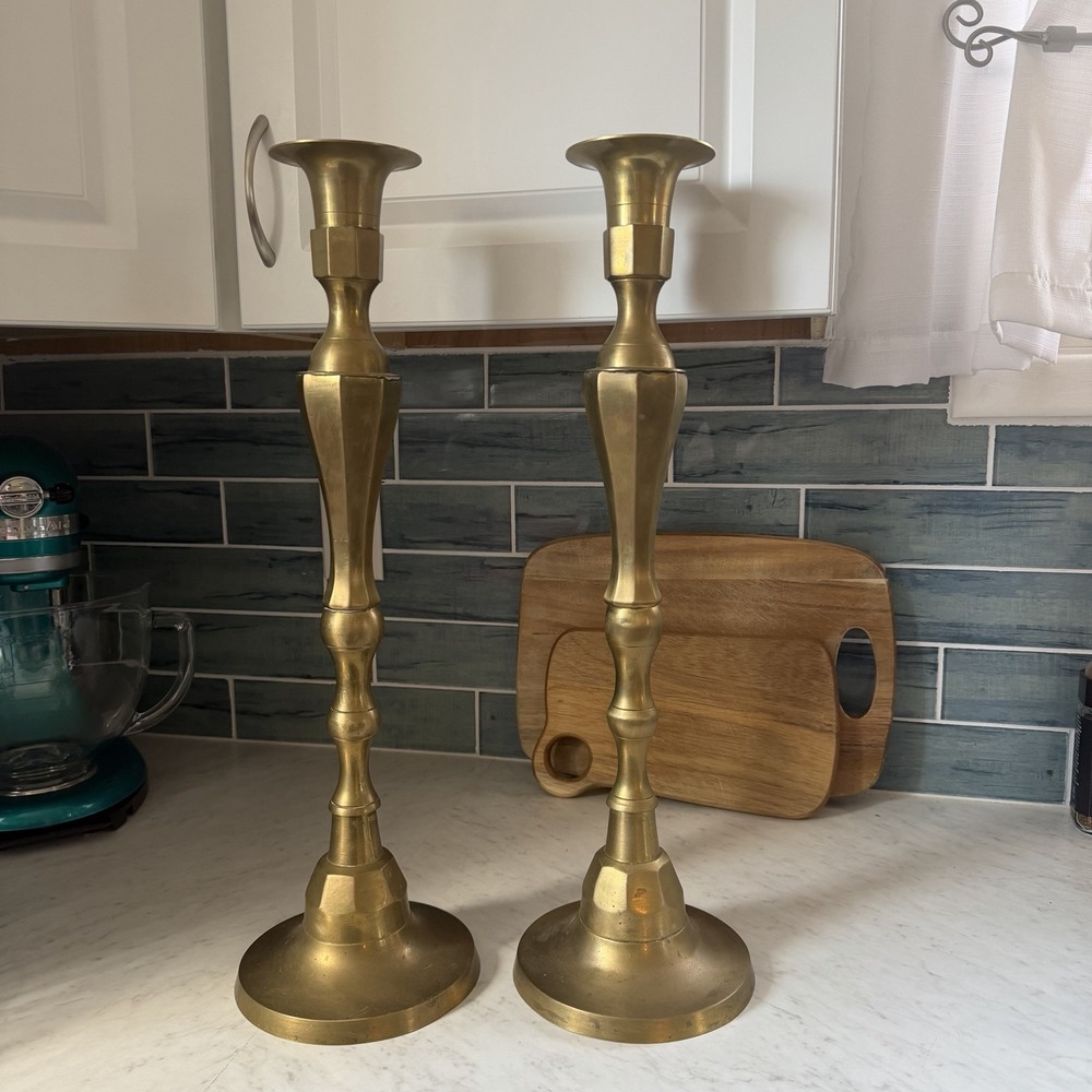 2 Vintage Large Brass Floor Candlesticks Church Altar Candle Holders Patina